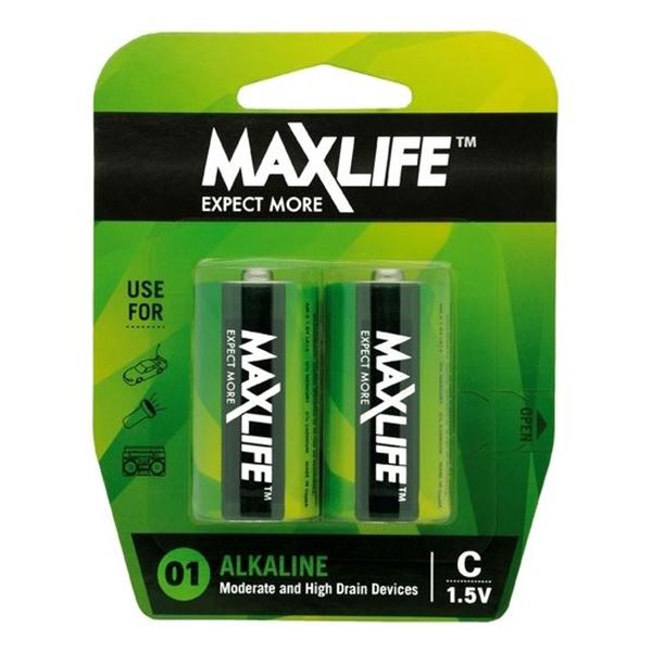 MAXLIFE C Alkaline Battery 2 Pack Long Lasting Alkaline Formula. Designed For Everyday and High Drainage Devices. Long Shelf Life. No Mercury or Cadmium.