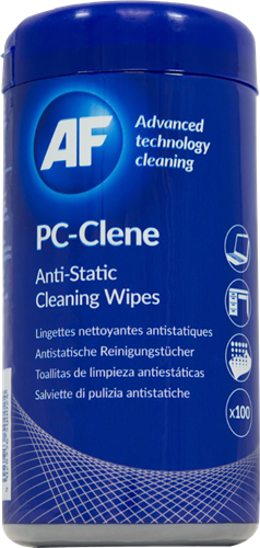 A general purpose tub of impregnated, anti-static cleaning wipes can be used on all glass and plastic surfaces of pc and office equipment. Compatible with office and home working environments. Convenient re sealable tub locks in the freshness of the wipes for future use. For best results use alongside AF Safetiss to polish surface after cleaning. Tub of 100 wipes.