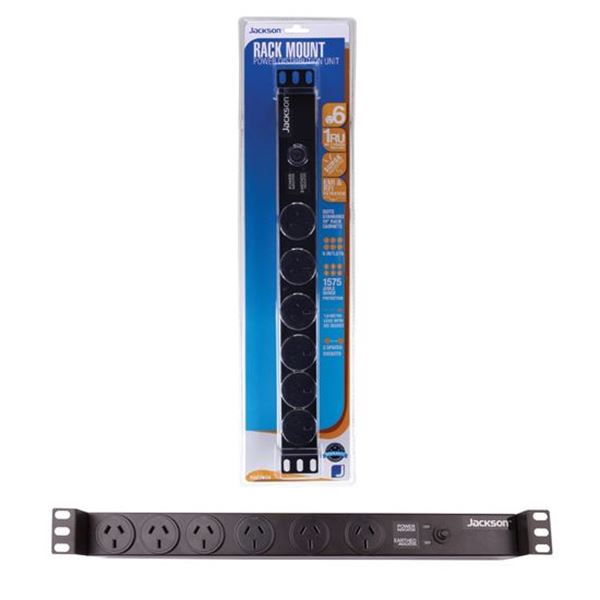 JACKSON 1RU 6x Outlet Horizontal Power Rail. Surge Protected 525J 10A Overload Protected. 1.8m Power Cord included. EMI/RFI Filtering recessed)