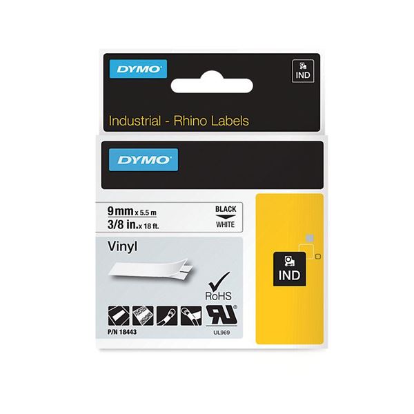 DYMO Genuine Rhino Industrial Vinyl Labels 9mm x 5.5m. Black on White. Compatible with DYMO Rhino Industrial labellers, LabelManager labellers and the LabelWriter 450 Duo.