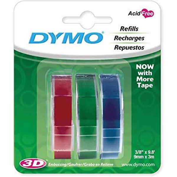 DYMO Genuine Embossing Labels. 3 Colour Multi-Pack (Blue, Red, Green). 9mm x 3m.