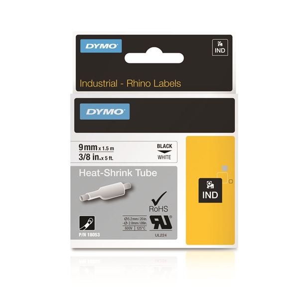 DYMO Genuine Rhino Industrial Labels- Heat  Shrink Tube 9mm Black on White.Made of industrial grade polyolefine and featuring a 3:1 heat shrink ratio. RoHS compliant. Temperature Rating -19C to +135C.