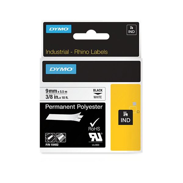 DYMO Genuine Rhino Industrial Labels -Permanent Polyester 9mm, Black on White.For labeling panels, blocks, faceplates, shelves, bins, beams &more. RoHS compliant. Temperature Rating -40C to +150C.