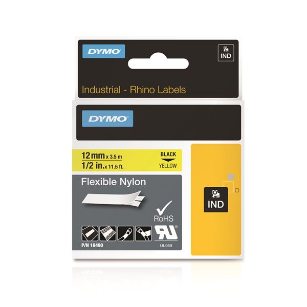 DYMO Genuine Rhino Industrial Labels-Flexible Nylon 12mm Black on Yellow. Industrial-strength tear- proof. Resists moisture, UV light & more. RoHS compliant Temperature Rating -25.56C to +80