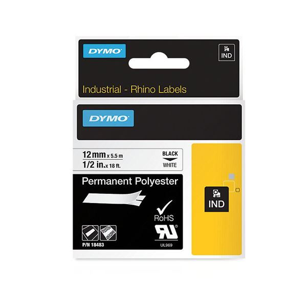 DYMO Genuine Rhino Industrial Labels-Permanent Polyester 12mm, Black on White.For labeling panels, blocks, faceplates, shelves, bins, beams &more. RoHS compliant. Temperature Rating -40C to +150C.