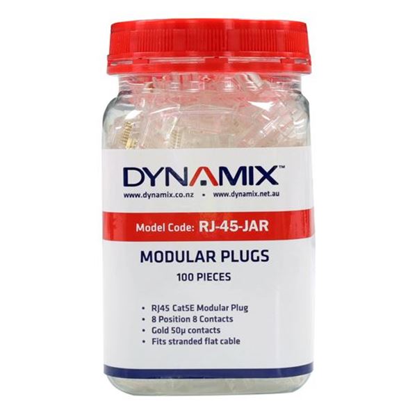 DYNAMIX RJ45 Plug 100pc Jar, 8P8C Modular Plug (Flat, Stranded). 50 micron