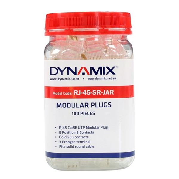 DYNAMIX RJ45 Plug 100pc Jar, 8P8C Modular Plug. 50 micron. Compatible with Stranded and Solid Cable.
