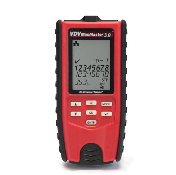 PLATINUM TOOLS VDV MapMaster 3.0 Cable Tester Kit. Kit Includes VDV MapMaster 3.0 Main Unit. ID Only Network Remotes, #1-20. RJ45 Port Saver. No-Fault, RJ12 Cable (2). FTP Patch Cable, 5. 9V Battery.