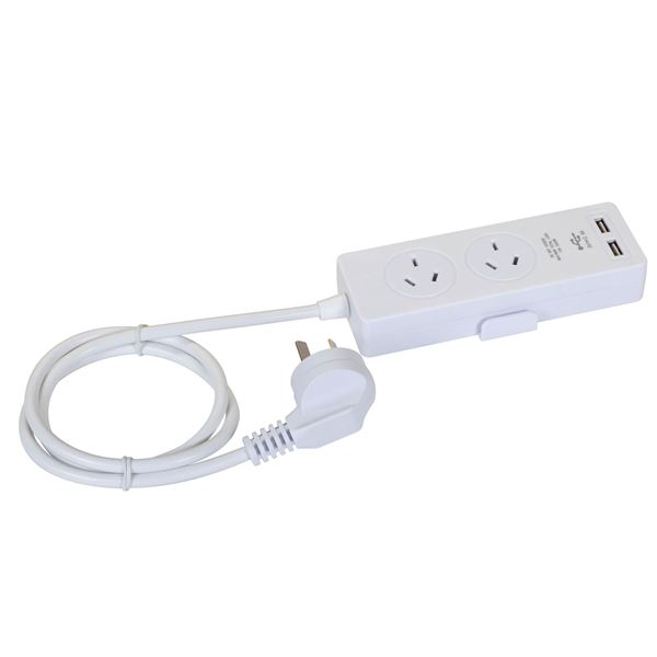 DYNAMIX 2-way Powerboard with 2x USB 2.4A Rapid Charging Ports. Includes Built-in Phone or Tablet Holder Tray. 1m Power Cable. Safety Overload Protection. For Indoor Use ONLY.