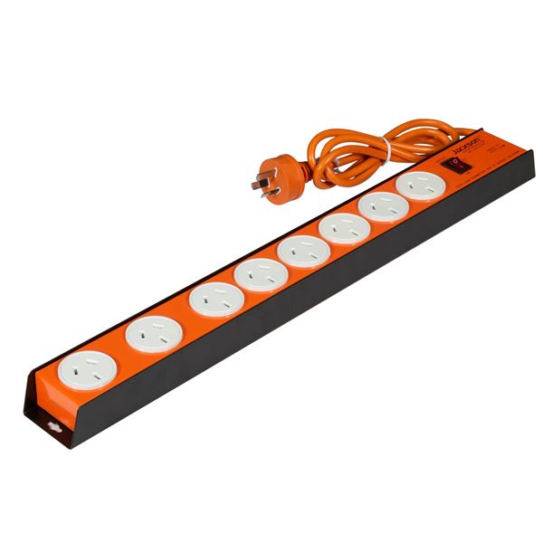 JACKSON 8 Outlet Powerboard with Heavy Duty Metal Housing, Surge Protection, RFI Filtration. Wall Mountable. 2 spaced outlets. 1.2m Power Lead.