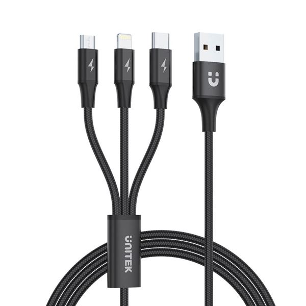 UNITEK 1.2m USB 3-in-1 Charge Cable. Integrated USB-A to Micro-B, Lightning Connector & USB-C Connector. Black Colour.