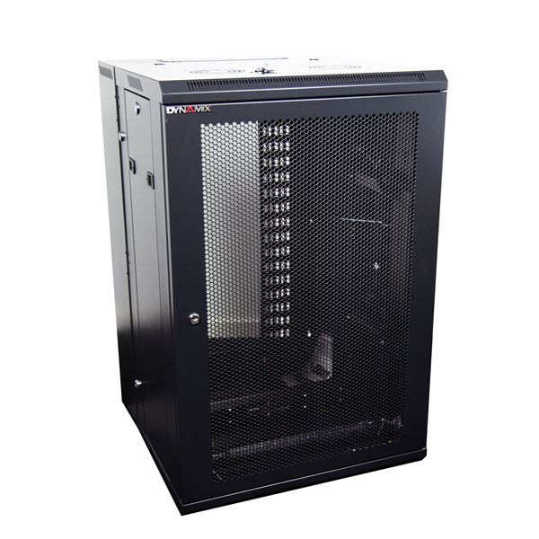 DYNAMIX 18RU 600mm Deep Universal Swing Wall Mount Cabinet. 200mm Removable Backmount. Supplied with Rear Vertical Cable Tray, 6 way PDU and 10 cage nuts. Mesh Front Door. Black Colour