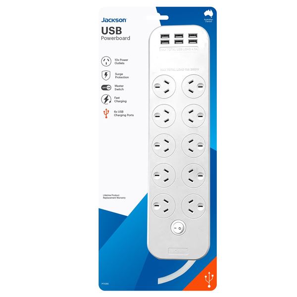 JACKSON 10-Way Powerboard with 6x USB-A Fast Charging Ports (4.5A) 10 Surge Protected Power Outlets On-Board Master Switch. Safety Overload Protection. Mounting Slots on Back. 1M Power Lead.