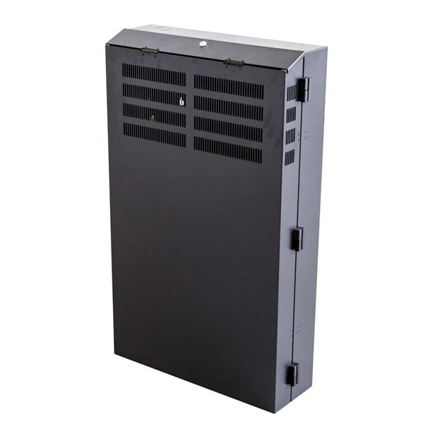 DYNAMIX 8RU Vertical Wall Mount Cabinet with 2RU Horizontal Mounting Rails. (650 x 410 x 1070mm external). Lockable front door. door. Front and side ventilation slots. Black