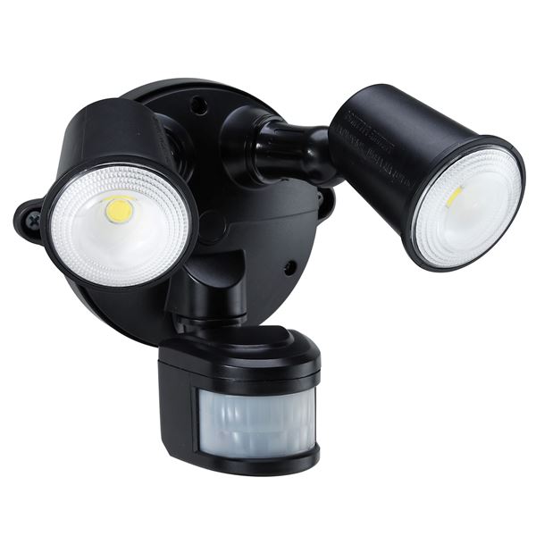 HOUSEWATCH 10W Twin LED Spotlight with Motion Sensor. IP54. Passive IR. 9m (Side) and 12m (Front) Detection Range. Detection Angle 140 Degree. Includes Timing & Lux Adjustments. Black Colour.