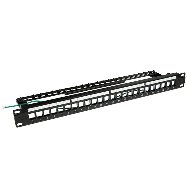 DYNAMIX 24 Port 19'' 1RU STP / UTP Unloaded Keystone Patch Panel with Rear Cable Management bar. Grounding Wire Included.RoHs RoHS, Numbered 1-24.