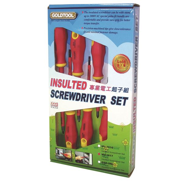 GOLDTOOL 7-Piece Electrical Insulated Screwdriver Set. Ergonomically Designed Handle(s) Designed to Reduce Slipping & Increase Comfort. Hanging Hole for Easy Storage. Heat Treated Tip.