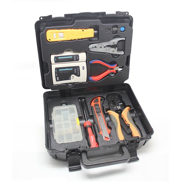 GOLDTOOL 9 Piece LAN Basic Repair Tool Kit with Heavy Duty Plastic Case. Includes Punch Down Tool, LAN Cable Tester, Modular Crimping Tool, Stripper & Cutter, Diagonal Cutter, Utility Knife & Much More