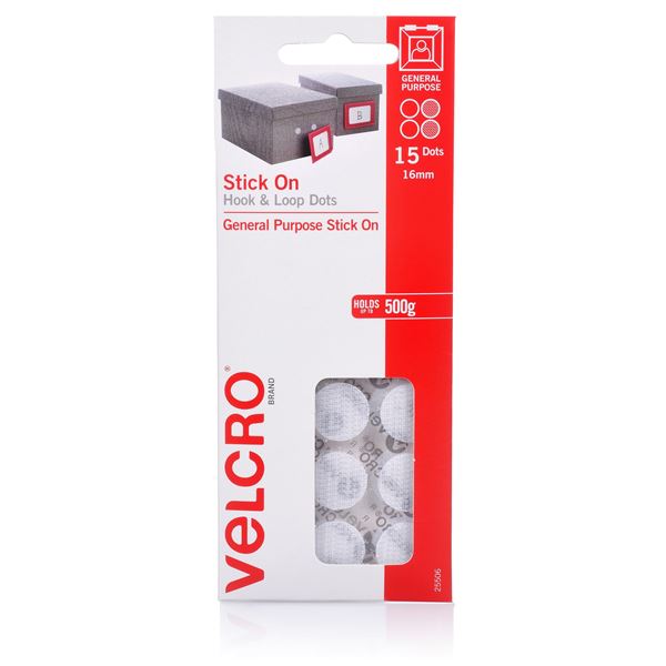 VELCRO Brand 16mm Stick On Hook & Loop Dots. Pack of 15. Designed for General Purpose Simple and Mess-Free. Attach Light Weight Items up To 500g. Perfect for Art, Remote Controls, Signs etc. White