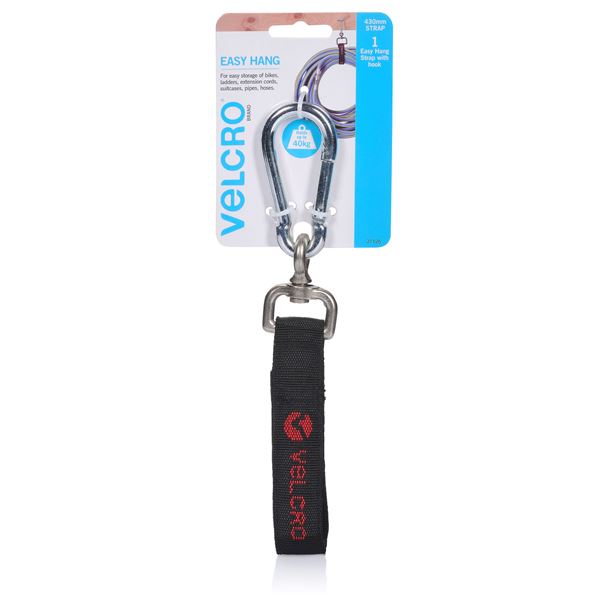 VELCRO Easy Hang 430mm Strap with Hook. Store and Hold up to 40Kgs. Simply find a suitable anchor point then Easy Store Bikes, Ladders, Extension Cords, Sporting Equipment & much more. Black Colour