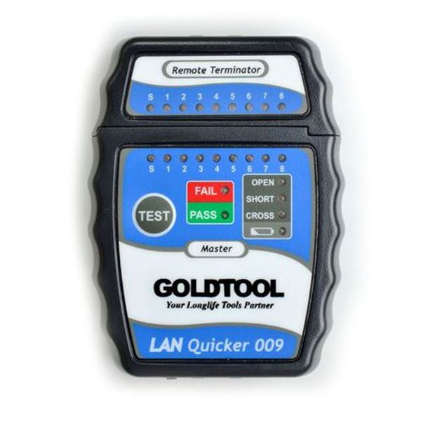 GOLDTOOL LAN Quick Tester. Test RJ45/UTP, RJ45 / STP Cabling. OPEN, SHORT & CROSS Test Functions. LED Indication Lights with Beep Sound Warning. Step/Auto Select Function. 9VBattery & Case Included