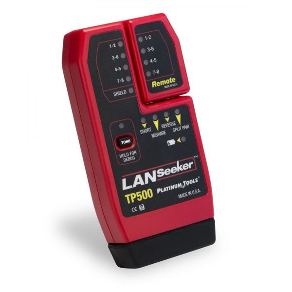 PLATINUM TOOLS LANSeeker Cable Tester & Tone Generator. Identify shorts, opens, miswires, reversed and split pairs. Auto on/off by detecting connected cable. Self stored remote unit.