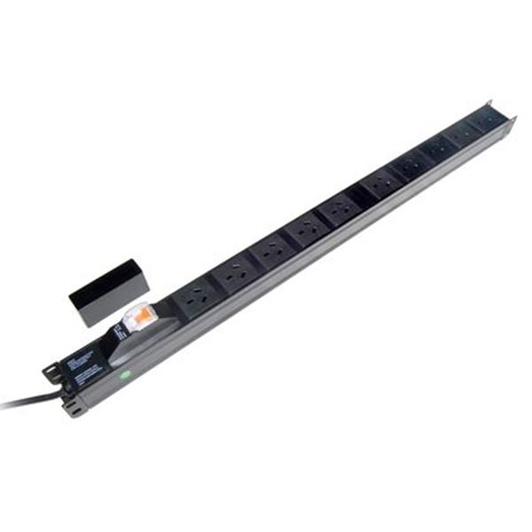 DYNAMIX 10 Outlet Vertical Power Rail (10A) with 6kVa C-Curve MCB Circuit Breaker, on/off switch & 2m Power Cord with 15A 3 Pin Plug. Vertical Height 718mm. Colour Black