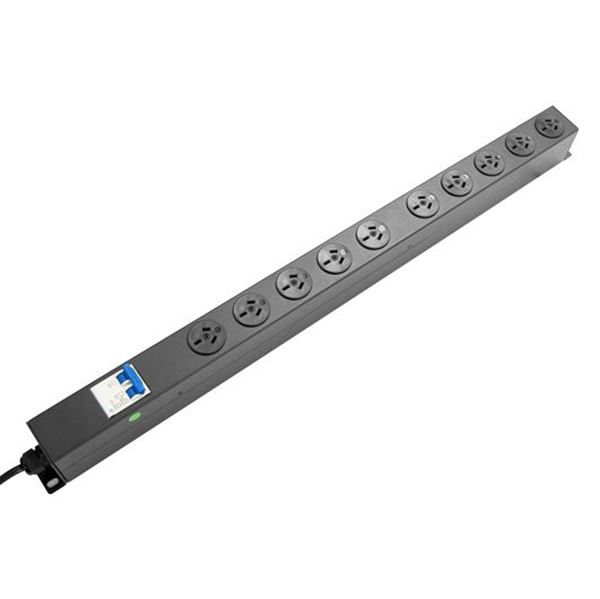 DYNAMIX 10 Outlet Vertical Power Rail (10A) with 6kA C-Curve MCB Circuit Breaker, on/off switch & 2m Power Cord with 10A 3 Pin Plug. Vertical Height 718mm. Colour Black