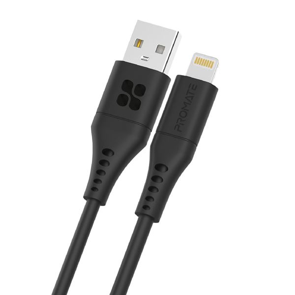 PROMATE 1.2m USB-A to Lightning Data & Charge Cable. Data Transfer Rate 480Mbps. Total Current 2.4A.. Durable Soft Silicon Cable. Tangle Resistant 25000+ Bend Tested. Black **Not MFI Certified**