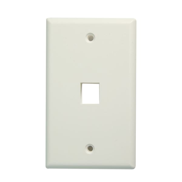 DYNAMIX Single Port Face Plate for RJ45 110 Keystone Jacks. NOTE Jack pins at top of plate when installed vertically, on side when installed horizontally.