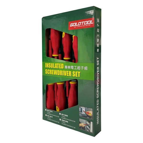GOLDTOOL 8-Piece Electrical Insulated Screwdriver Set, Ergonomically Designed Handle(s) Designed to Reduce Slipping & Increase Comfort. Hanging Hole for Easy Storage. Heat Treated Tip.