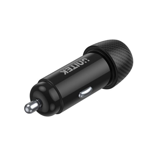 UNITEK 38W Car Charger with Dual USB Ports. 1 x USB-C with up to 20W Power Delivery, 1 x USB-A with up to 18W Power Delivery. Bulit in Short Circuit and Over Heating Protection