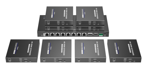 LENKENG 1-In-8-Out 4K@60Hz HDMI Extender. 1x HDMI in & 8x RJ45 out. Compatible with CAT6/6a/7 Cables, Transmit up to 70m, Plug & Play, Wall-mountable, Supports EDID, Includes 1x Transmitter & 8x Rx.