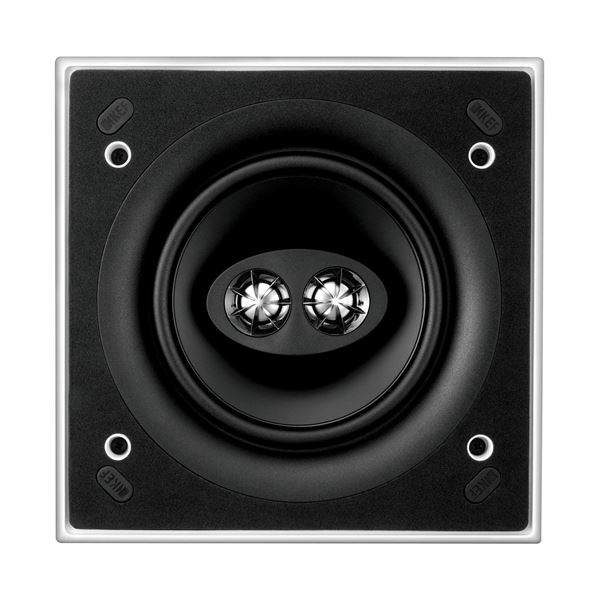 KEF Ultra Thin Bezel 6.5'' Dual Stereo Square In-Ceiling Speaker. Asymmetrical tweeter island for wide off-axis response. 19mm aluminium dome tweet & tangerine waveguide. 160mm Bass driver