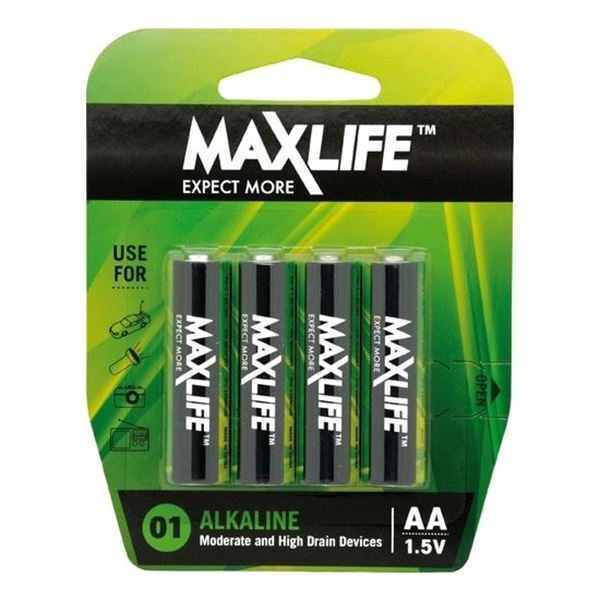 MAXLIFE AA  Alkaline Battery 4 Pack Long Lasting Alkaline Formula. Designed For Everyday and High Drainage Devices. Long Shelf Life. No Mercury or Cadmium.