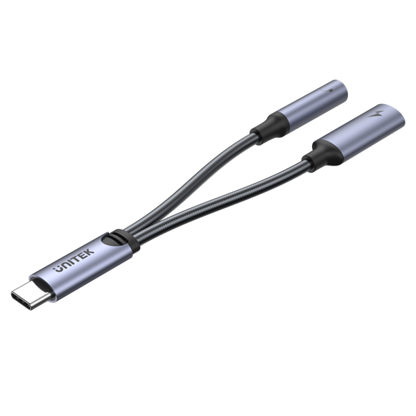UNITEK 2-in-1 USB-C to 3.5mm Audio Jack & USB-C Charging Connector. Supports up to 60W Fast Charging. Supports High-res Audio: DAC: 48KHz /16bit. Spilt your USB-C Port into 3.5mm Audio Jack & Charger.