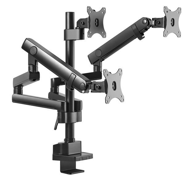 BRATECK 17"-27" Triple Monitor Spring-Assisted Desk Mount Bracket. Max load 7kg per Arm. Max Arm Extension - 689mm. Supports VESA 75x75 &100x100. Quick-Release VESA Plate. Colour Matte Black