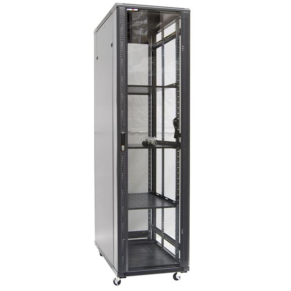 DYNAMIX 42RU Server Cabinet 800mm Deep (600 x 800 x 2077mm). Includes 3x Fixed Shelves, 4x Fans, 25x Cage Nuts, 4x Castors & 4x Level Feet. 1000kg static load Glass front door mesh rear door. 6-Way PDU installed