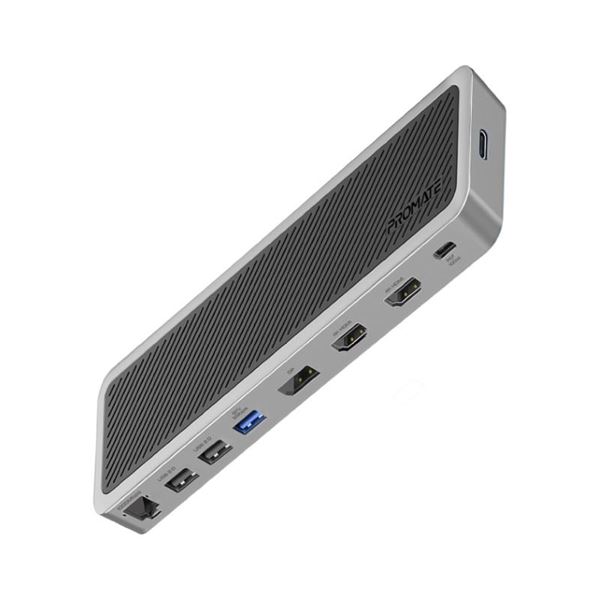 PROMATE 12-in-1 Multi-Port Hub. Includes 4x USB-A & 1x USB-C PD Port, 2x HDMI Ports, 1x RJ45 Gig Port, 1x Display Port, SD/TF Card Slots, 1x Aux Port. Silver/Black Colour.