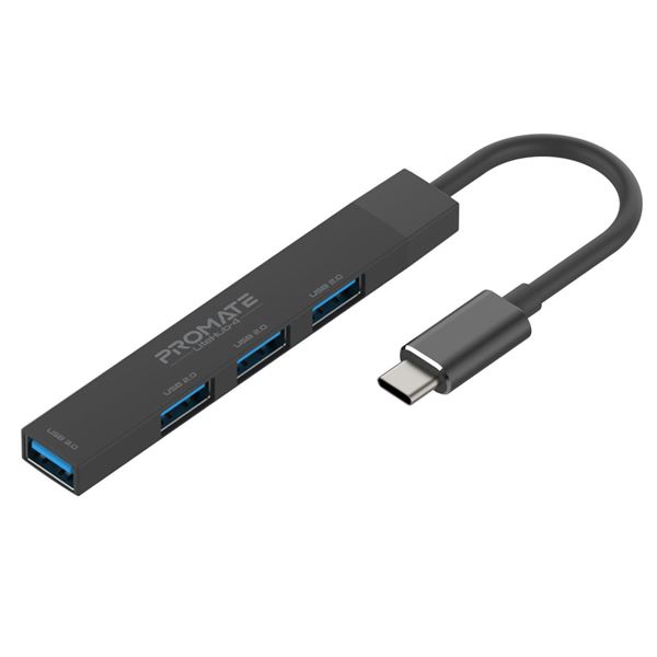 PROMATE 4-in-1 Ultra-Slim Multi Port Hub. Includes USB-C & USB-A Adapter. 4x USB-A Ports, Transfer Rate up to 480Mbps, Compatible with Win & Mac. Easy Plug & Play. Black