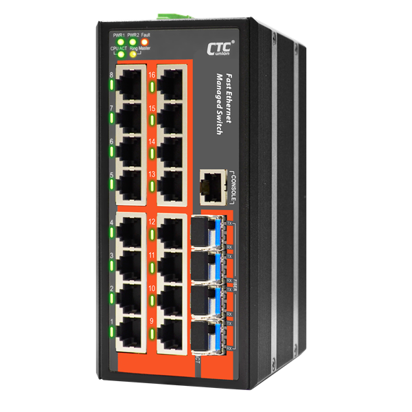 CTC UNION 16 Port Fast Ethernet Managed Switch.-10~60C. 16x 10/100Base-T(X), + 4x 100/1000 Base-X SFP (Total 20x ports). Power consumption V DC/W:12/10.8,24/10.6, & 48/12.5. Dinmount kit incl.