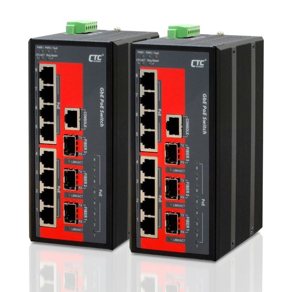 CTC UNION 8 Port Gigabit Managed PoE Switch. -10C ~60C. 8x 10/100/1000Base-T(X), plus 3x100 /1000Base-X SFP. Power budget 180W. Power consumption V DC/W:24/200.2, 48/195.1. Dinmount kit included.