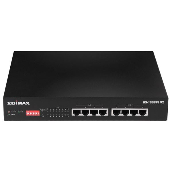 EDIMAX 8 Port Gigabit PoE+ Long Range Unmanaged Switch with DIP Switch Function. Supports up to 30W Per PoE Port (Total Power Budget: 70W). Port-based VLAN. Long Range up to 200m at 10Mbps.