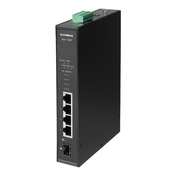 EDIMAX Industrial 5-Port Gigabit PoE+ DIN Rail Switch. 4 x Gigabit Ethernet Ports, 1 SFP Uplink Port. PoE up to 200m @10Mps. QoS 802.1p for Video & Voice Traffic Priority Inputs, Surge Protection, IP30
