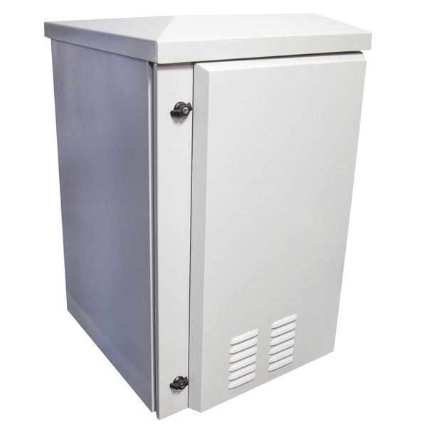 DYNAMIX 18RU Vented Outdoor Wall Mount Cabinet. Ext Dims 611x625x915 IP45 rated. Lockable front door. Supplied with dual extractor fans, and input/output air filters. Made from rolled steel. Grey