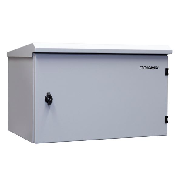 DYNAMIX 6RU Outdoor Wall Mount Cabinet. External Dims 611x425x390. IP65 rated. Lockable front door. No fans or filters. Wall mount included. Made from rolled steel.