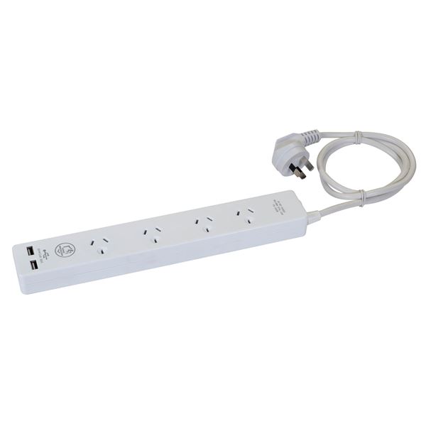 DYNAMIX 4-way 10A Home & Office Powerboard with two USB 3.4A Rapid Charging Ports. Safety Overload with Push Button Reset. Includes 1m Power Cable. For Indoor Use ONLY.