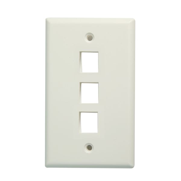 DYNAMIX Triple Port Face Plate for RJ45 110 Keystone Jacks. NOTE Jack pins at top of plate when installed vertically, on side when installed horizontally.