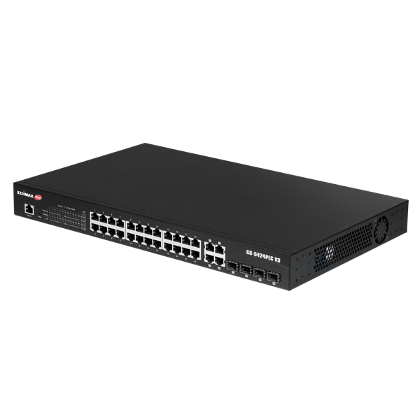 EDIMAX 28 Port Surveillance Long Range Gigabit PoE+ Web Smart Switch with 2 Gigabit RJ45 & 2 SFP Ports. Max Power Budget 400W. Supports PoE up to 200m. IEEE 802.3af/at PoE Compliant. IP Surveillance VLAN