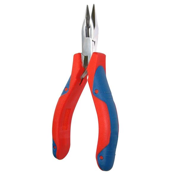 GOLDTOOL 120mm Long Nose Mirror Polished CRV Precision Plier. 28mm Nose, Serrated Jaws with Cutter, Double Leaf Springs. Rubber Easy Grip Handles for Greater Comfort.